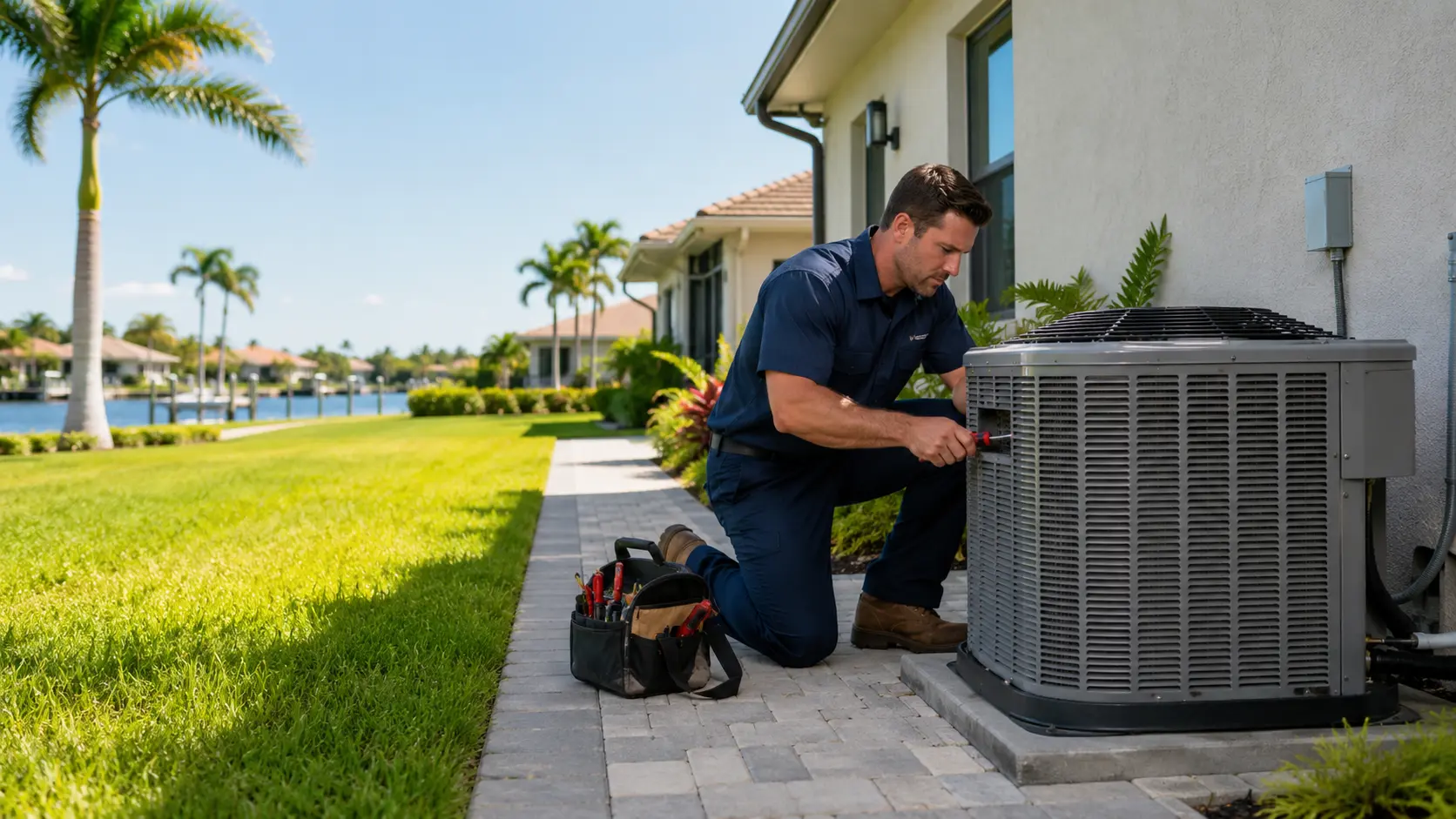 HVAC technician servicing an outdoor air conditioner at a Cape Coral home