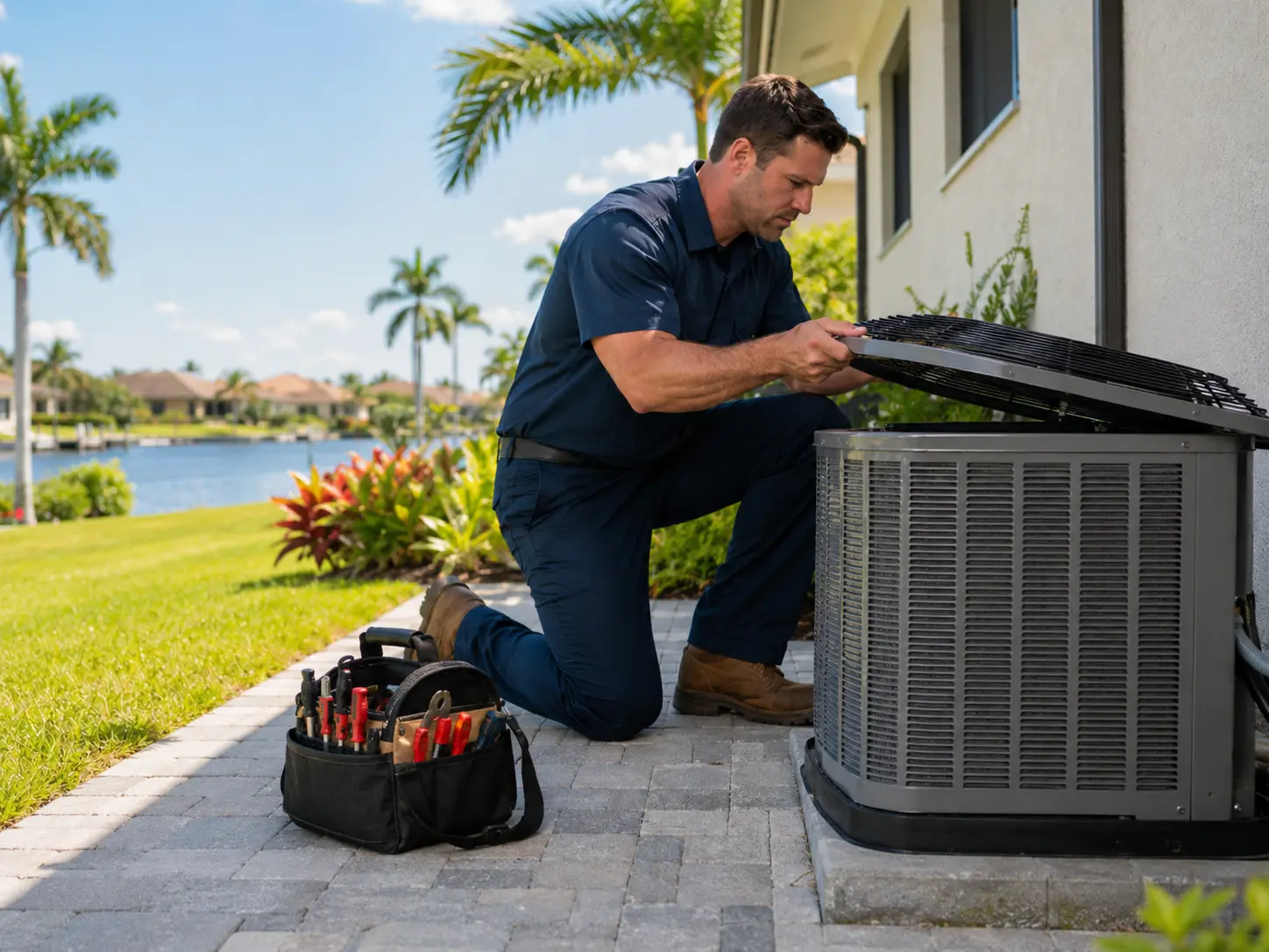 Technician servicing an outdoor condenser with the top panel removed