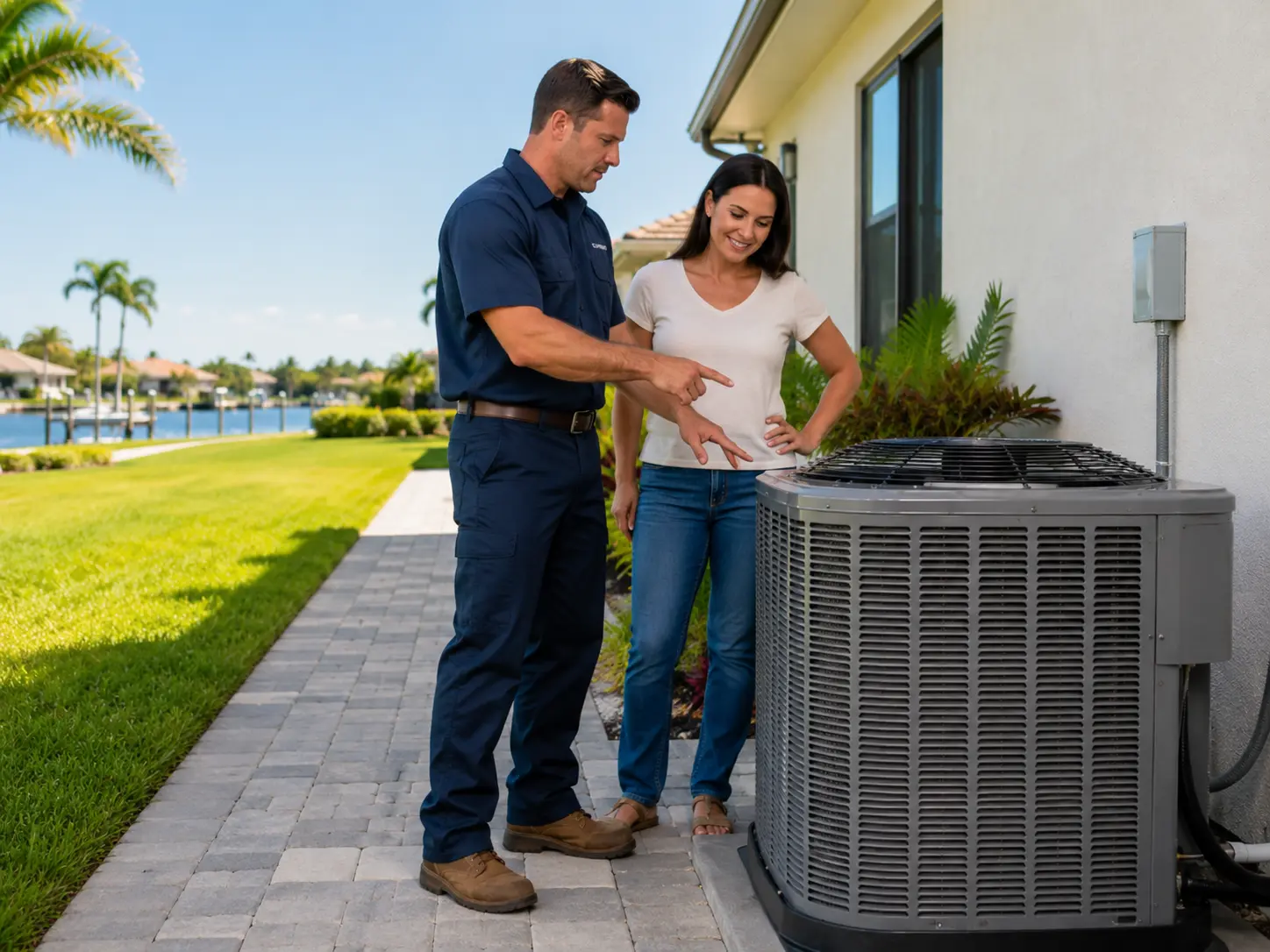 Technician explaining an outdoor air conditioner to a homeowner